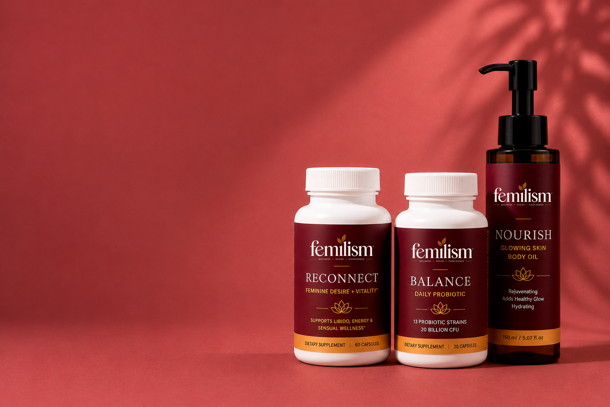 Femilism Reconnect, Balance and Nourish grouped together on a burgundy background