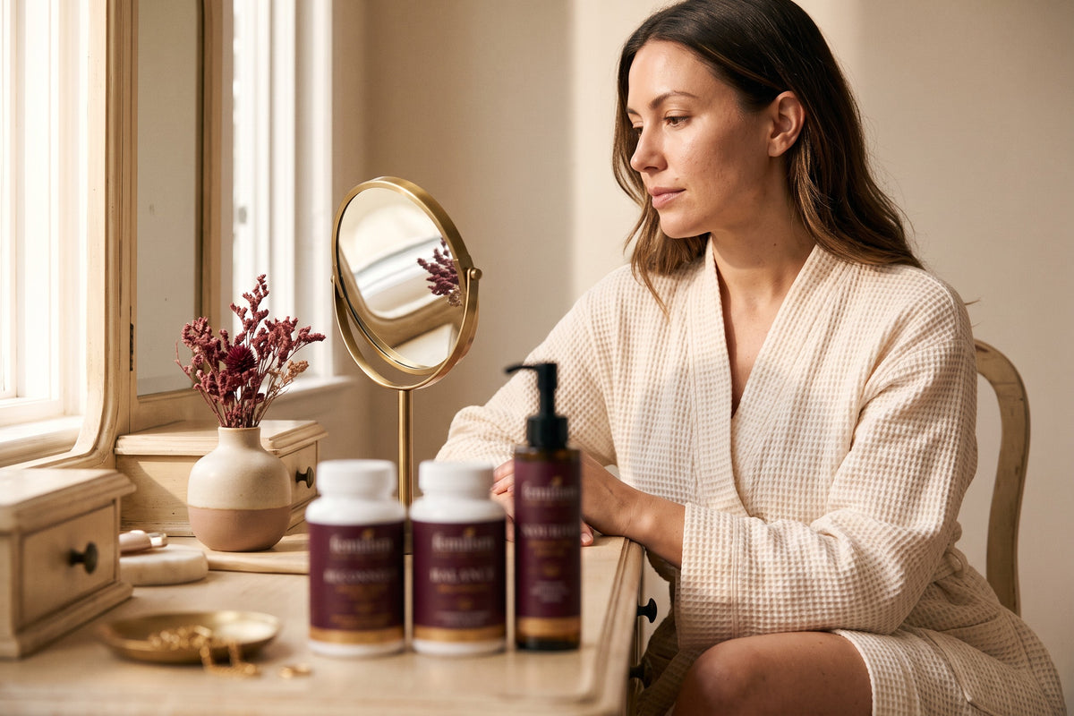 A woman in an ivory robe seated at a sunlit vanity beside Femilism Reconnect, Balance and Nourish
